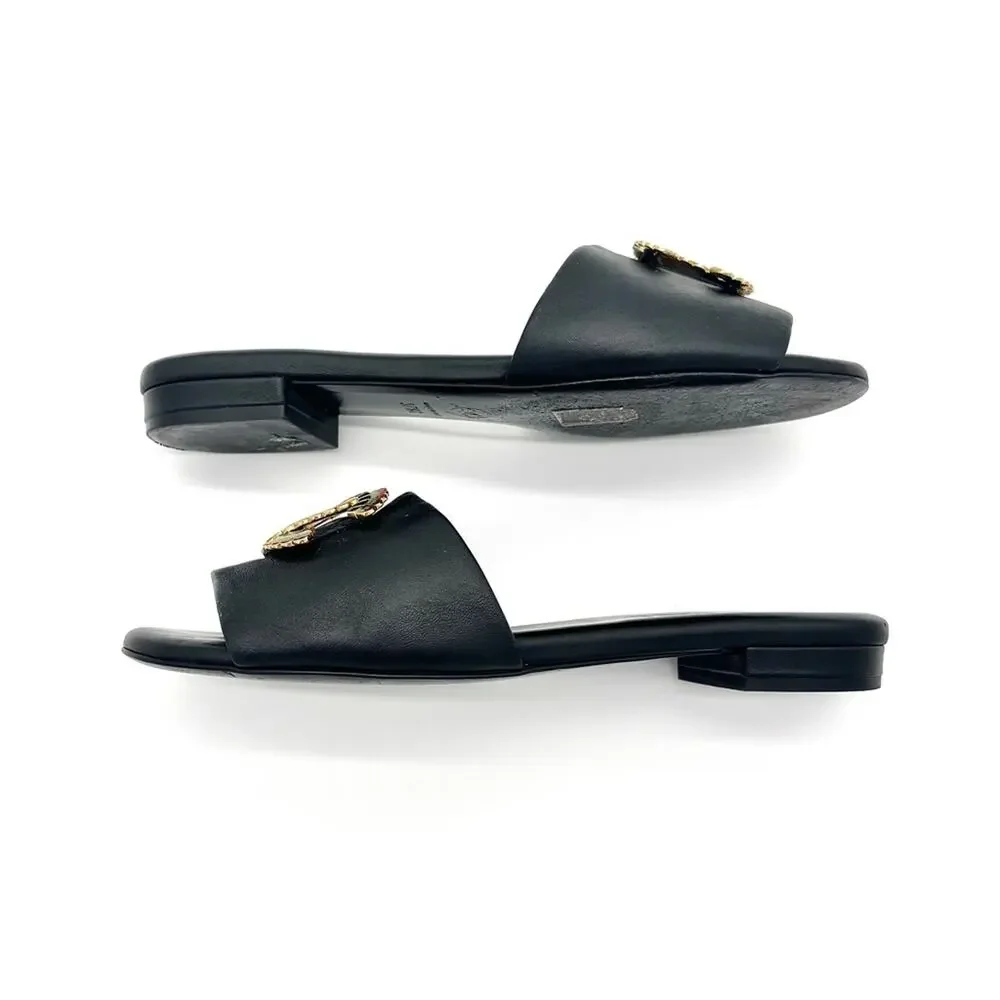 Chanel CC Logo Lambskin Black Leather Slip On Slides Mules 37.5